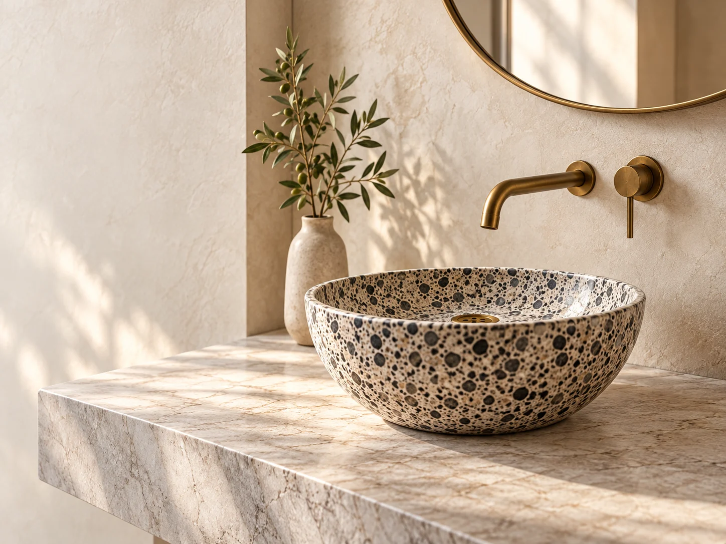 Mosalica luxury bathroom with handcrafted sink and brass mirror