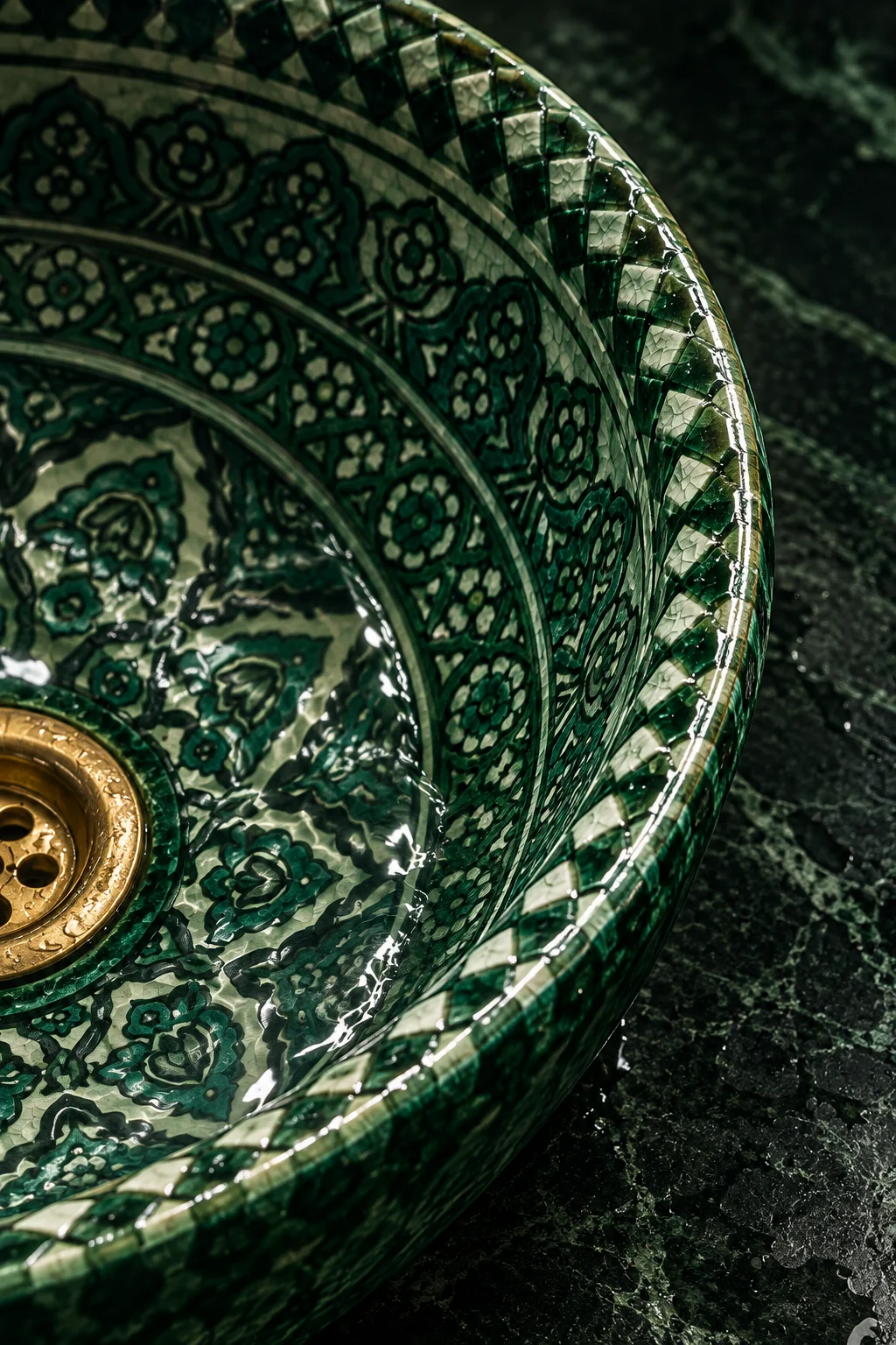 Close-up of emerald hand-painted ceramic sink craftsmanship
